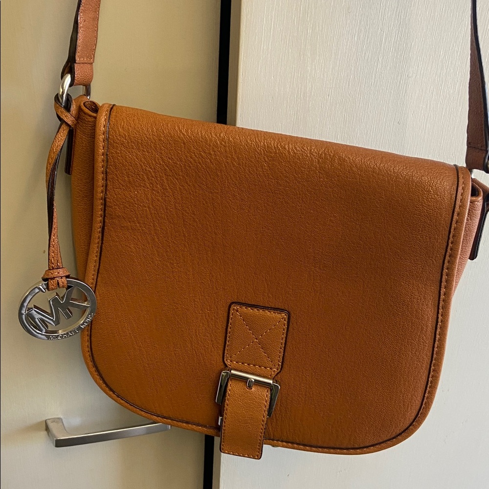 Michael Kors Camel Tan Brown Genuine Leather Flap Saddlebag Crossbody Bag